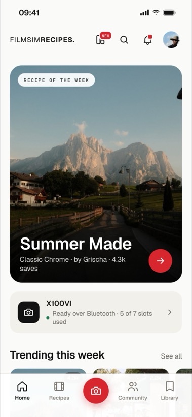 Filmsim app home, camera ready over Bluetooth