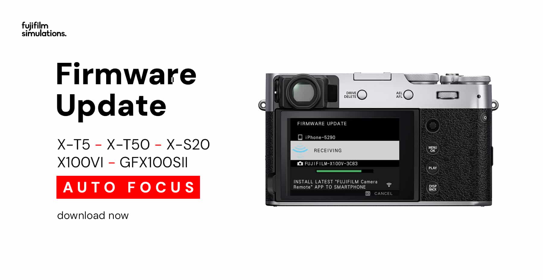 Firmware Update for Fujifilm X-T5, X-T50, X-S20, X100VI, and GFX100SII